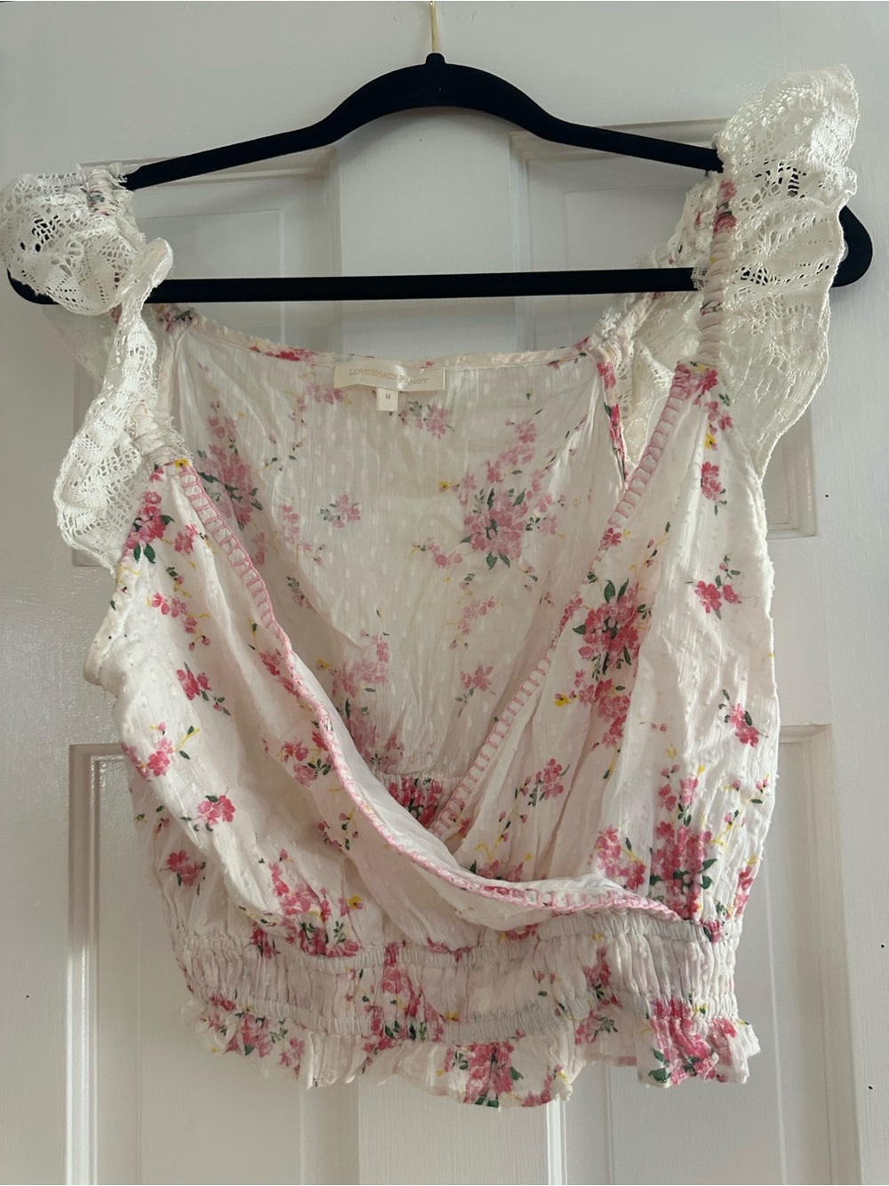 LoveShackFancy White Floral Wrap Cropped Camisole with Pink Bouquet